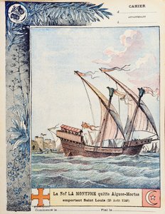 La Partida de San Luis en su barco el Montjoie desde Aigues-Mortes el 25 de agosto de 1248, ilustración de portada de un cuaderno escolar, c.1900