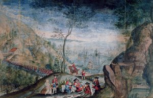 El desembarco de 50 soldados del regimiento suizo Karrer en Louisbourg en la Isla de Cap-Breton entre 1722-33 de French School