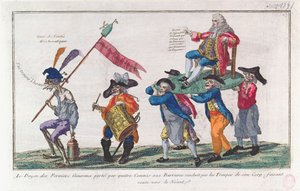 El Decano de los Fermiers Generaux es llevado por sus guardias hacia la Nada, 1791 (aguafuerte coloreado a mano) de French School