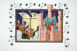El Duque de Salisbury llegando al Castillo de Conway desde Irlanda, copia facsímil de Le Prinse et Mort du Roy Richart por Jean Creton, reimpreso en el siglo XIX de French School