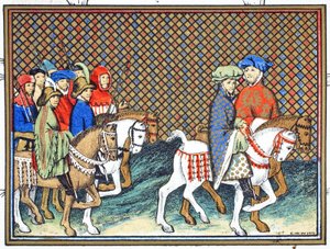 Los Duques de Exeter y Surrey enviados por Ricardo II desde el Castillo de Conway a Chester para tratar con el Duque de Lancaster, copia facsímil de Le Prinse et Mort du Roy Richart por Jean Creton, reimpreso en el siglo XIX de French School