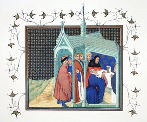 El Conde de Northumberland en la Misa Mayor en la Capilla del Castillo de Conway tomando su juramento traicionero y fatal, copia facsímil de Le Prinse et Mort du Roy Richart por Jean Creton, reimpreso en el siglo XIX de French School