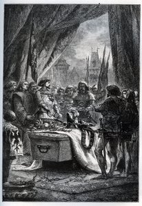 El gobernador inglés de Chateauneuf de Randon se rindió y vino a depositar las llaves de la plaza en el ataúd de Bertrand du Guesclin (1320-1380), el 13 de julio de 1380 frente a quien la ciudad estaba sitiando. de French School