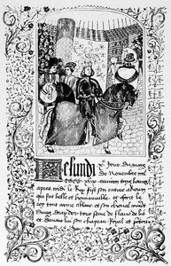 La entrada de Carlos VII (1403-61) en Rouen en 1450, de un manuscrito que contiene el relato de la Guerra de los Cien Años, ilustración de Ciencia y Literatura en la Edad Media y el Renacimiento, escrita y grabada por Paul Lacroix de French School