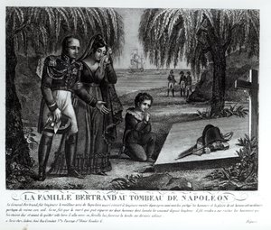 La familia del General Henri-Gratien Bertrand (1773-1844) en la tumba de Napoleón Bonaparte (1769-1821) 1821 (litografía) (foto en blanco y negro) de French School