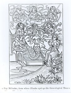 La Hada Melusina, de cuyos flancos surge el árbol genealógico de reyes y emperadores, ilustración de Ciencia y Literatura en la Edad Media y Renacimiento, escrita y grabada por Paul Lacroix de French School