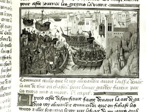 El primer ataque a Tiro, de la Histoire du Grand Alexandre 1460 de French School