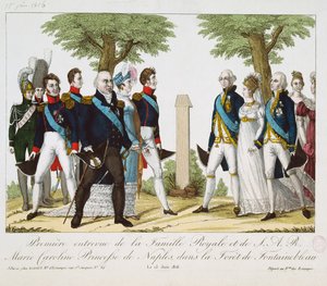 El primer encuentro entre Luis XVIII (1755-1824) y Marie-Caroline-Ferdinande (1798-1870) de Borbón, en la Croix de St. Herem en el bosque de Fontainebleau, 15 de junio de 1816, 1816-30 de French School
