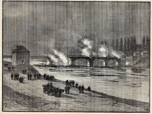 La Guerra Franco-Prusiana - La defensa de París-quema del Puente de Asnieres - Incendio del puente de Asnieres durante el asedio (defensa) de París - Grabado en 