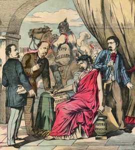 El Tratado de Fráncfort firmado el 10 de mayo de 1871 puso fin a la guerra franco-alemana, tras las negociaciones entre Adolphe Thiers y Otto von Bismarck: Francia debía ceder Alsacia y parte de Lorena, y pagar 5.000 millones de francos. Grabado, en "Le Fi de French School