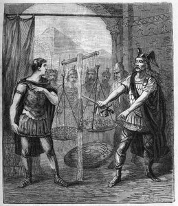 El líder del ejército galo Brennos (Brennus) derrota a los romanos y proclama el "Vae Victis" (¡Ay de los vencidos)