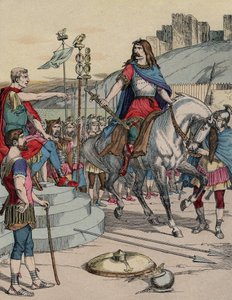 El jefe galo Vercingétorix (72-46 a.C.) rindiéndose al jefe romano Julio César (100-44 a.C.) después de la batalla de Alesia en 52 a.C. de French School