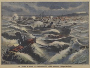 El vapor alemán Berger-Wilhelm encallando en una tormenta frente a Bizerta, Túnez de French School