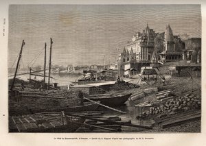El Ghat de Benarés (actual Vanarasi) (ghat designa los escalones que cubren las orillas de los ríos y las orillas de los estanques y reservorios que permiten descender en contacto con el agua), grabado según el dibujo de G. Moynet, ilustrando el viaje t de French School