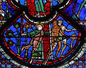 La ventana del Buen Samaritano: Adán y Eva expulsados del Paraíso por un ángel con una espada