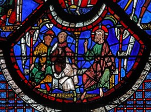 La ventana del Buen Samaritano: Cristo contando la parábola del Buen Samaritano de French School