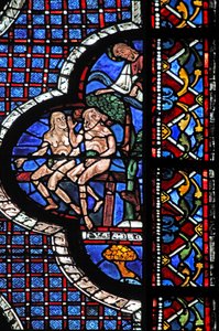 La ventana del Buen Samaritano: Dios llama a Adán y Eva (con hojas de higuera) de French School