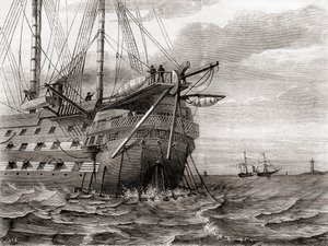 El HMS Agamemnon tendiendo el cable telegráfico transatlántico, 2 de agosto de French School