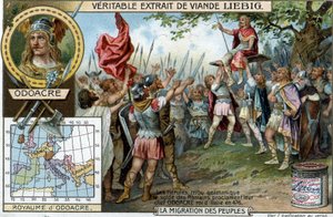 Los Hérulos, una tribu germánica al servicio de los soldados romanos, proclamaron a su jefe Odoacro rey de Italia en 476 (fin del Imperio Romano) - etiqueta publicitaria Liébig de French School