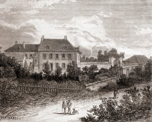 La casa de Gras, cerca de Chalon-sur-Saône, Francia, donde el inventor francés Nicéphore Niépce desarrolló la heliografía, de Les Merveilles de la Science, publicado hacia 1870 (grabado).