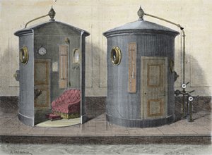 La cámara hiperbárica de Paul Bert (1833-1887) fisiólogo y político francés. Grabado de 1855
