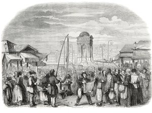 Los Inocentes marchan en París con la fuente - Grabado en “Tableau-de-Paris” por Edmond Texier 1852 de French School