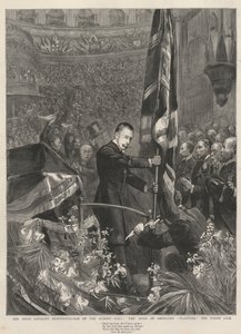 La manifestación lealista irlandesa en el Albert Hall, Londres, 1893: el Duque de Abercorn (James Hamilton) (1811-1885) plantando la Union Jack de French School