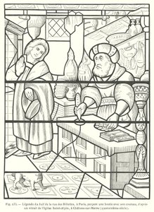 El judío de la Rue des Billettes, París, profanando la Hostia al perforarla con su cuchillo, según una vidriera del siglo XIV en la Iglesia de Saint-Alpin, Chalons-sur-Marne, Francia (grabado) de French School
