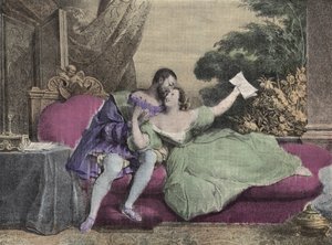El rey de Francia Francisco I (1494-1547) con Diana de Poitiers (1499-1566) Dama de Brézé, Duquesa de Valentinois. Litografía de Daveria de 1832 en "Risas y Galantería". Colección semanal de imágenes galantes bajo la dirección de John Grand-Carteret.