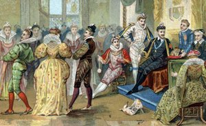 El Rey de Francia Enrique III (1551-1589) rodeado de sus favoritos. Cromolitografía de finales del siglo XIX de French School