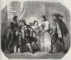 El Rey de Francia Luis XIII (1601-1643) es atrapado con migraña cuando habla con la Reina Ana de Austria (1601-1666). Grabado de 1871 en "Histoire Des Cocus Celebres" de Henry de Kock (1819-1892)