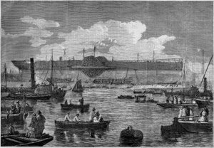 El "Leviathan" (Great Eastern), el primer transatlántico gigante, durante su intento de lanzamiento en 1857. Grabado en "Le Monde Illustré" n°31 del 14 de noviembre de 1857. de French School