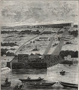 La Máquina de Marly - Vista de la máquina del acueducto de Marly instalada en Bougival - El acueducto de Louveciennes (o Marly) para abastecer de agua a Versalles y al castillo de Marly - Grabado en "Ciencias puestas a disposición de todos - física y quími