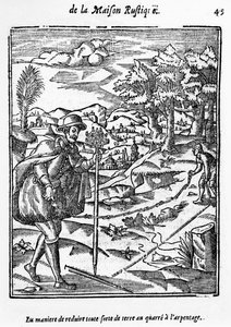 La manera de reducir cualquier tipo de terreno al cuadrado de la encuesta, ilustración de La Agricultura y Casa Rústica por Charles Estienne, edición publicada en 1641
