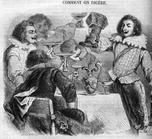 El marqués François de Bassompierre (1579-1646) (mariscal de Bassompierre) bebiendo en su bota de caldero. Grabado de 1852