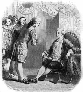 El Marqués de Puysieulx recibiendo a Philippe Néricault Destouches (1680-1754) y su troupe de comediantes itinerantes. Grabado de 1858-1859 de French School