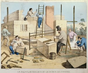 El albañil, el cortador de piedra y el aserrador de piedra, c.1860 de French School