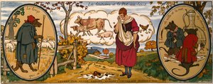 La lechera y la lata de leche, de las "Fábulas" de Jean de La Fontaine (1621-95), tarjeta comercial de los chocolates suizos "Peter, Cailler, Kohler" (litografía en color). de French School