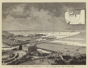 El nuevo puerto de aguas profundas en Boulogne-sur-Mer como será, vista aérea desde el acantilado este de French School