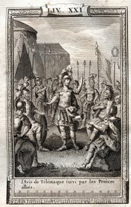 El aviso de Telémaco seguido por los príncipes aliados - grabado de 1798 después de Monnet en “Les Aventures de Télémaque, fils d