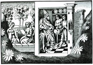 El Viejo de la Montaña dando órdenes a sus seguidores, de Los viajes de Marco Polo, copiado por Albert Coinchon del manuscrito original de French School