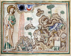 La Apertura del Sexto Sello: ocurre un terremoto y el sol se vuelve negro. La luna se vuelve roja como la sangre. reyes, señores y hombres ricos se refugian en las cuevas. Miniatura tomada de 