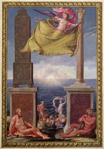 Las Columnas de Hércules, frontispicio de una colección de mapas de Cataluña y las Islas Baleares por Pene, 1680 (grabado en color) de French School