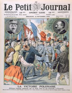 La Victoria Polaca, oficiales franceses aclamados por la multitud en la Calle Central de Varsovia, ilustración de portada de Le Petit Journal, 12 de septiembre de 1920