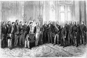 El presidente de la República Francesa Adolphe Thiers recibió a los embajadores japoneses en el Palacio del Elíseo. Grabado en 
