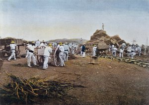 Los prisioneros trabajando en la colonia penal de Noumea en Nueva Caledonia, grabado por Gillot, c.1900