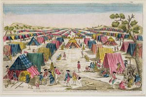 El Campamento del Ejército Prusiano, Dibujado del Natural en los Campos de Pomerania, grabado por Vale, c.1750 de French School