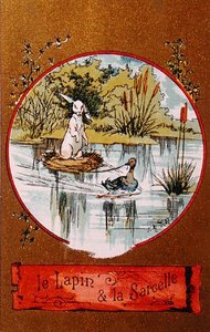 El Conejo y el Pato, tarjeta ilustrada que representa la fábula de Jean de la Fontaine de French School
