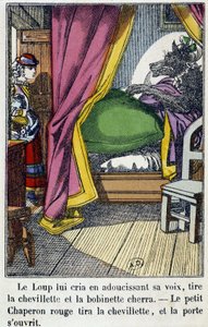 Caperucita Roja entra en la habitación donde el lobo tomó el lugar de su abuela - en "Caperucita Roja", ed. Pellerin, Epinal, s.f. siglo XIX de French School