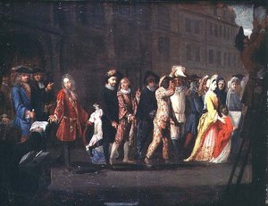 El regreso de los comediantes tras la supresión de la Comédie Italienne, 1697 de French School